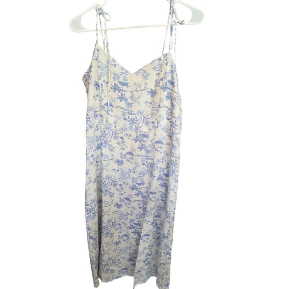 Francescas Mi Ami Midi Dress L Womens Linen Elastic Back Ivory Blue Cottage Core - Picture 1 of 7